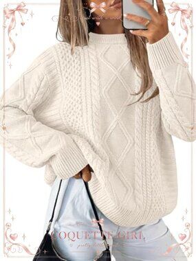 Womens Oversized Cable Knit Pullover Sweater Crewneck Long Sleeve Fall Winter